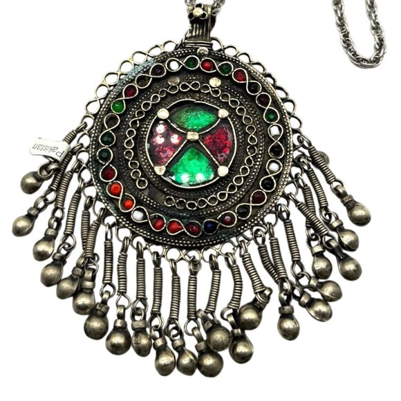 Kuchi Tribal Pendant Necklace Glass Inlay Dangling Beads 21" Handmade Pakistan - Picture 2 of 4